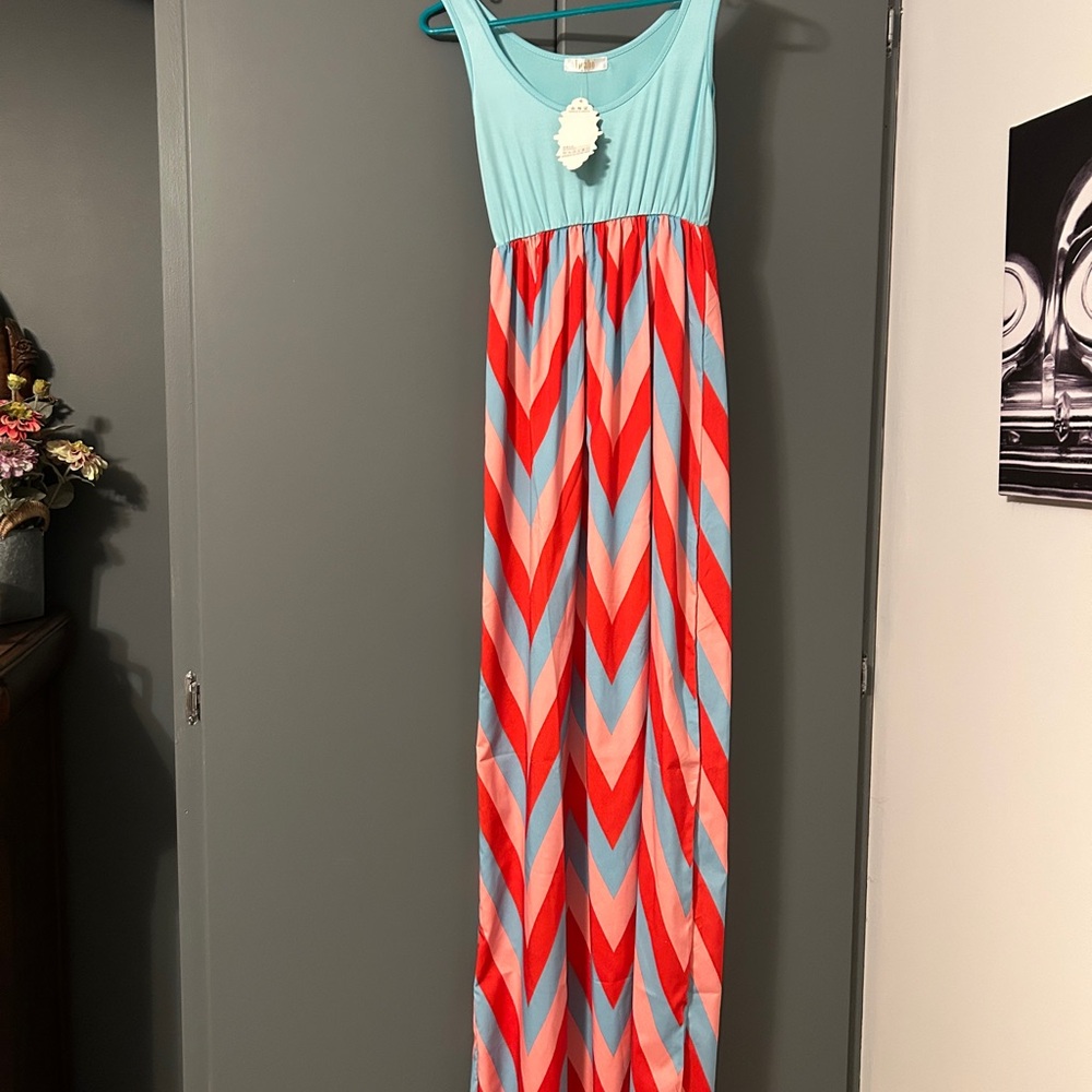 Chevron Patterned Maxi Dress - Blue and Red